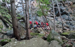 Das Bild zeigt eine Rettungssituation in einem felsigen, bewaldeten Gelände. Im Vordergrund befinden sich große Felsen und Bäume, während im Hintergrund eine steile Felswand zu sehen ist. Eine Gruppe von Rettungskräften ist dabei, eine Person auf einer Trage zu versorgen oder zu transportieren.