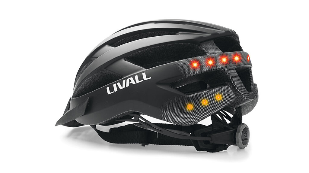 Fahrradhelm in Schwarz mit roten und gelben Lichtern. 